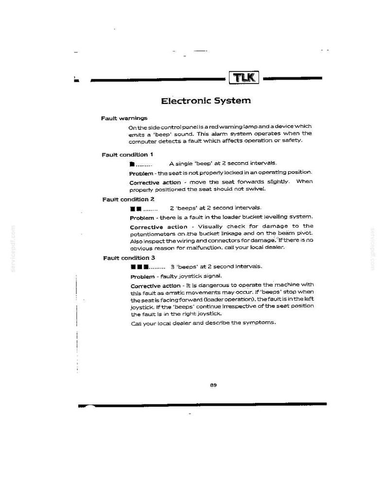May include: A technical document page titled Electronic System for TLK equipment. It details fault warnings, including a red warning lamp and audible beep patterns for three specific fault conditions, providing problem descriptions and corrective actions.