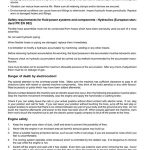 May include: A page from a manual with safety instructions. The text covers topics like hydraulic systems, electrocution, and engine safety, with warnings about high temperatures and pressurized components.