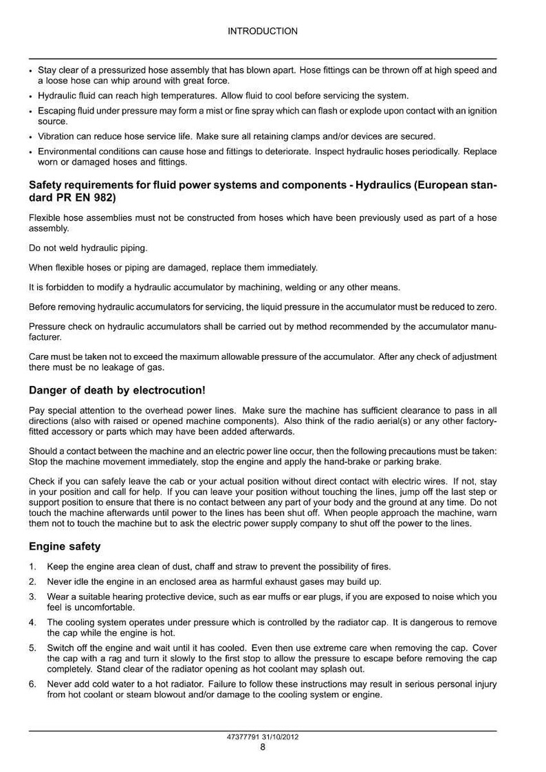 May include: A page from a manual with safety instructions. The text covers topics like hydraulic systems, electrocution, and engine safety, with warnings about high temperatures and pressurized components.