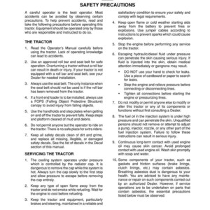Pu&ograve; includere: Una pagina del manuale di un trattore con precauzioni di sicurezza. Il testo include avvertenze sull'utilizzo del trattore, la manutenzione e i potenziali pericoli come il fluido idraulico e l'amianto. Il documento &egrave; intitolato "Precauzioni di sicurezza."