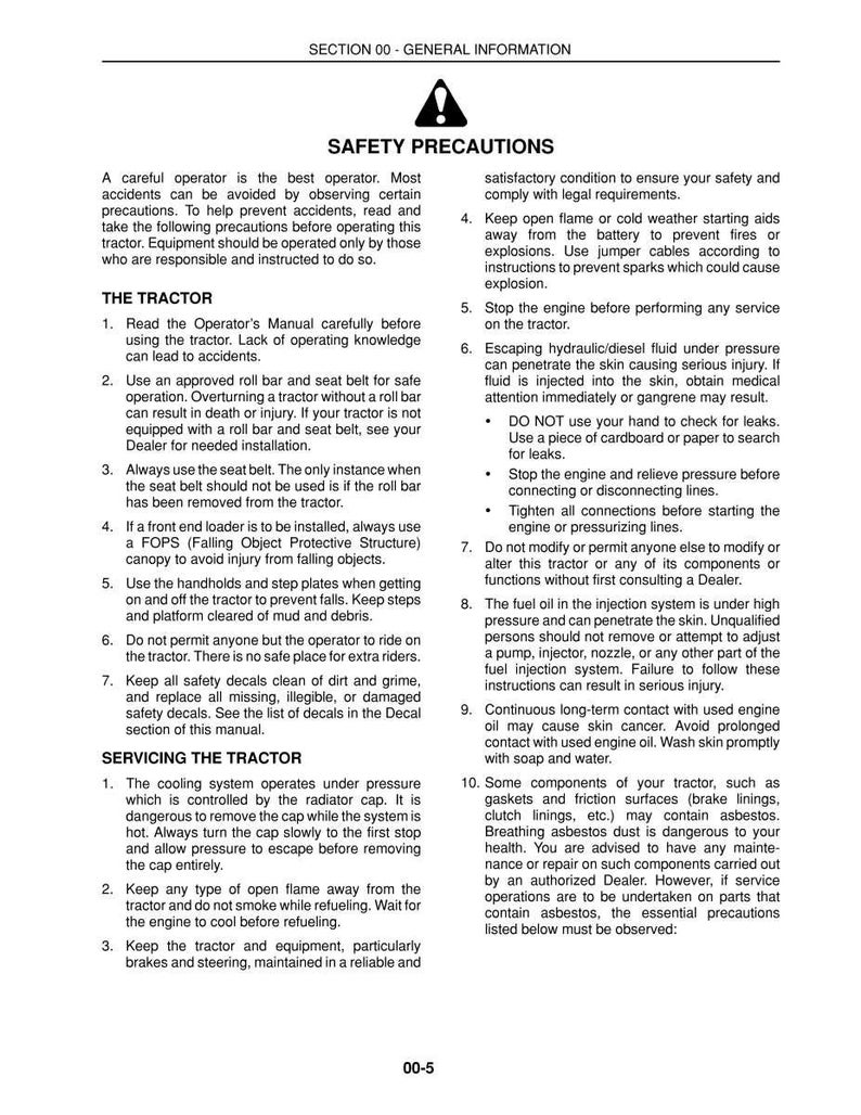 Pu&ograve; includere: Una pagina del manuale di un trattore con precauzioni di sicurezza. Il testo include avvertenze sull'utilizzo del trattore, la manutenzione e i potenziali pericoli come il fluido idraulico e l'amianto. Il documento &egrave; intitolato "Precauzioni di sicurezza."