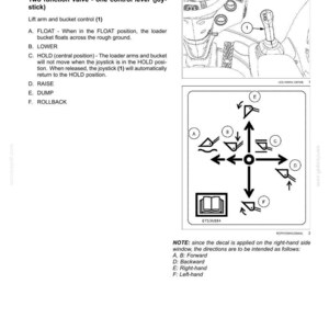 May include: A technical manual page titled 3-CONTROLS AND INSTRUMENTS detailing control lever operation for a lift arm and bucket. It includes a diagram of a joystick labeled 1 and a directional chart with icons A through F for loader functions.