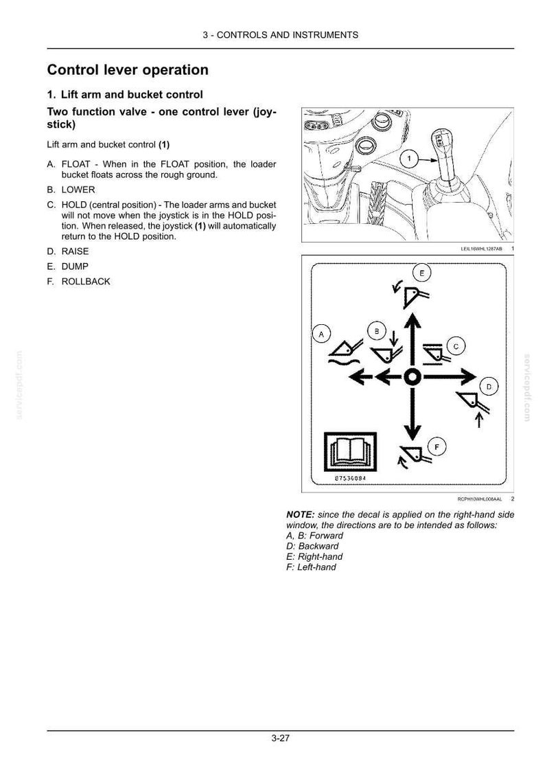 May include: A technical manual page titled 3-CONTROLS AND INSTRUMENTS detailing control lever operation for a lift arm and bucket. It includes a diagram of a joystick labeled 1 and a directional chart with icons A through F for loader functions.