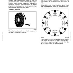 May include: A page from a maintenance manual detailing tire and rim service, and wheel bolt torque procedures. It features diagrams illustrating tire tread direction and a wheel bolt tightening sequence. The text provides instructions for maintenance.
