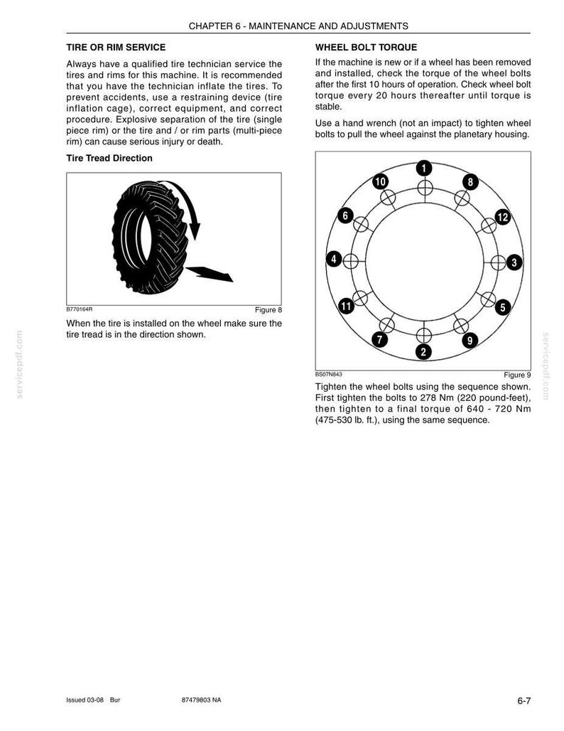 May include: A page from a maintenance manual detailing tire and rim service, and wheel bolt torque procedures. It features diagrams illustrating tire tread direction and a wheel bolt tightening sequence. The text provides instructions for maintenance.