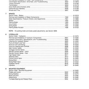 May include: A printed page from a manual, featuring a detailed table of contents. Sections include Power Train, Brakes, Hydraulics, and Mounted Equipment, with corresponding section and form numbers. The document is dated 5-90.