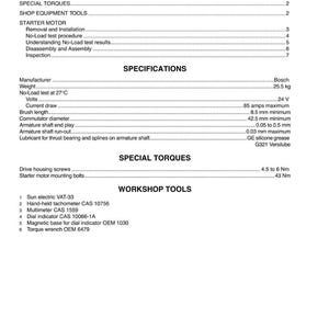 May include: A page from a manual with the title "Table of Contents" and sections on specifications, special torques, and workshop tools. The specifications include weight (25.5 kg), voltage (24 V), and current draw (85 amps maximum).