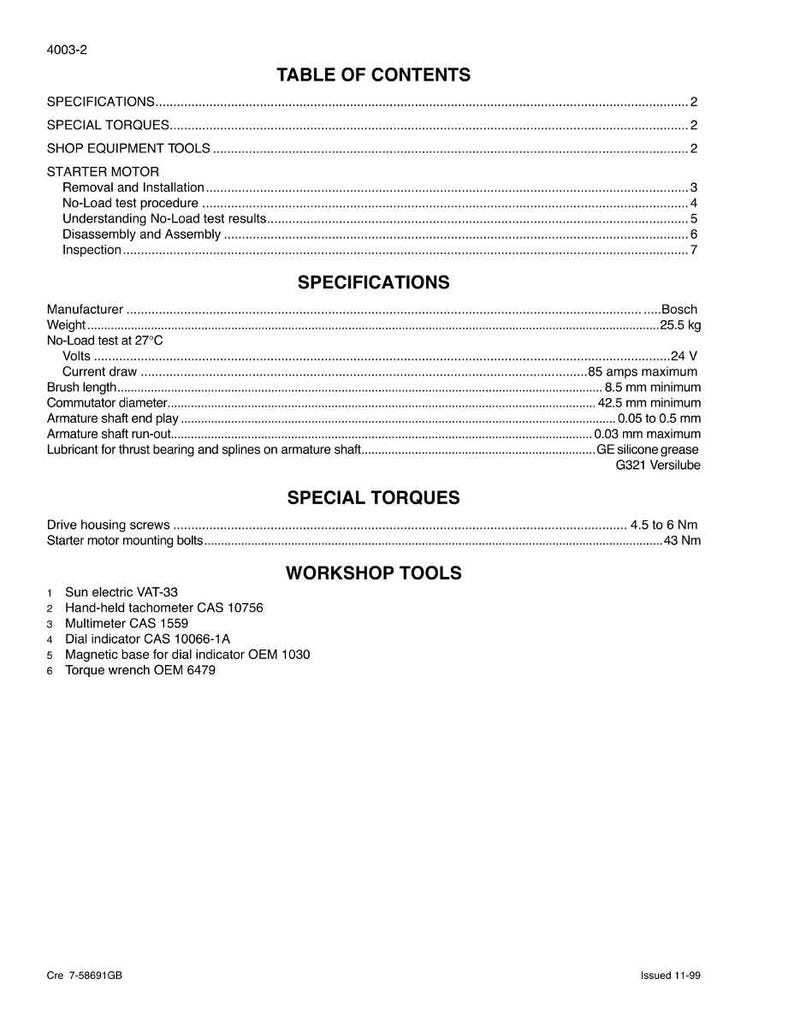 May include: A page from a manual with the title "Table of Contents" and sections on specifications, special torques, and workshop tools. The specifications include weight (25.5 kg), voltage (24 V), and current draw (85 amps maximum).