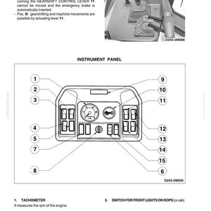 May include: Diagram of an instrument panel with numbered components, including a tachometer, switches, and a gearshift lever. The image also shows a gearshift and emergency brake lock lever with two positions.