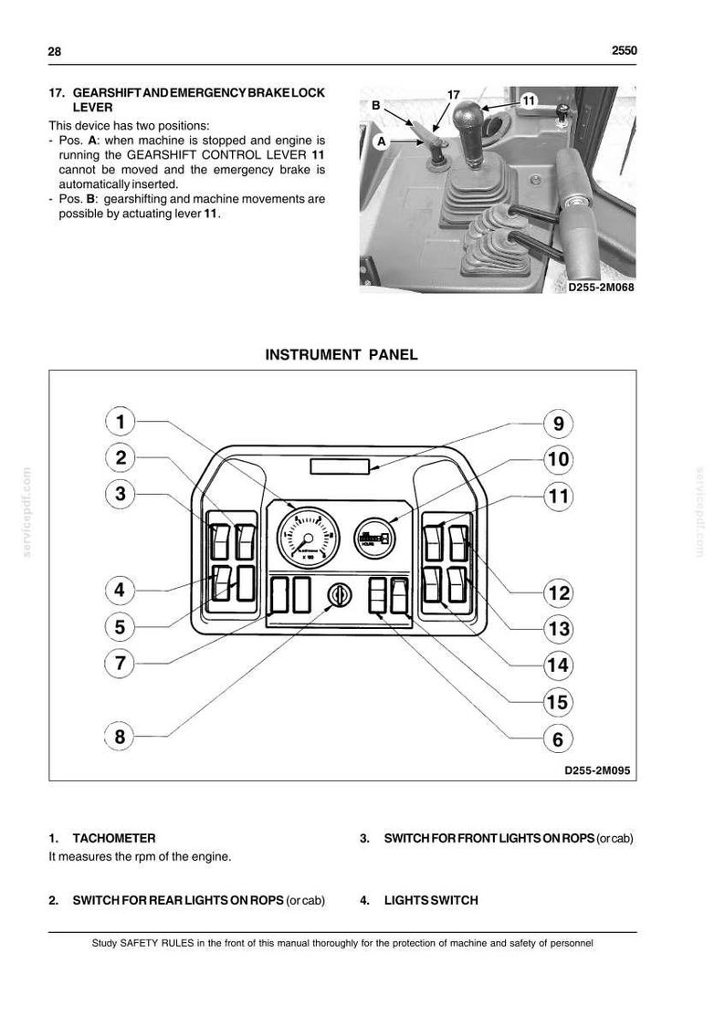 May include: Diagram of an instrument panel with numbered components, including a tachometer, switches, and a gearshift lever. The image also shows a gearshift and emergency brake lock lever with two positions.