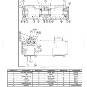 May include: Detailed diagram of a central gearbox, labeled with component references. Includes parts like gears, bearings, and retaining rings. The image has text at the top and bottom, with a table listing components.
