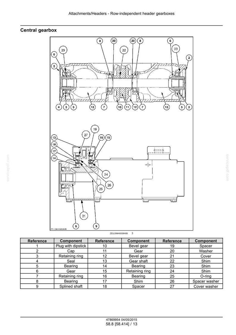 May include: Detailed diagram of a central gearbox, labeled with component references. Includes parts like gears, bearings, and retaining rings. The image has text at the top and bottom, with a table listing components.