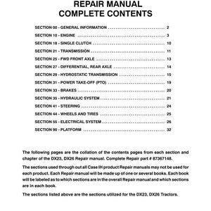 May include: A printed repair manual for DX23 and DX26 tractors. The cover displays the title "DX23, DX26 Repair Manual Complete Contents" in bold black text. The table of contents lists various sections, including engine, transmission, and brakes.