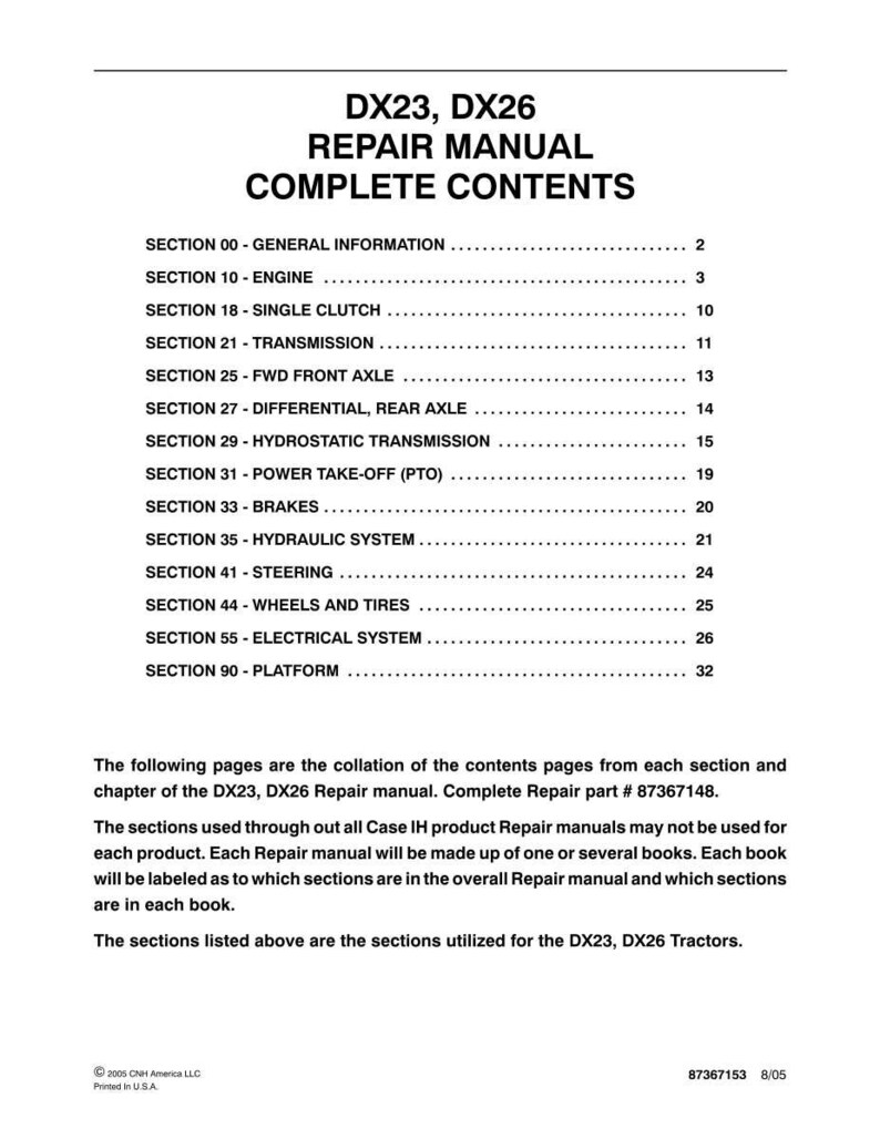 May include: A printed repair manual for DX23 and DX26 tractors. The cover displays the title "DX23, DX26 Repair Manual Complete Contents" in bold black text. The table of contents lists various sections, including engine, transmission, and brakes.