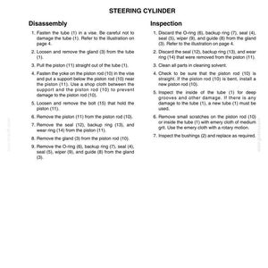 Puede incluir: Diagrama t&eacute;cnico con especificaciones para un cilindro de direcci&oacute;n, incluyendo valores de par en Newton metros y libras-pie. Instrucciones de desmontaje e inspecci&oacute;n con pasos numerados. El documento incluye advertencias y referencias de piezas.