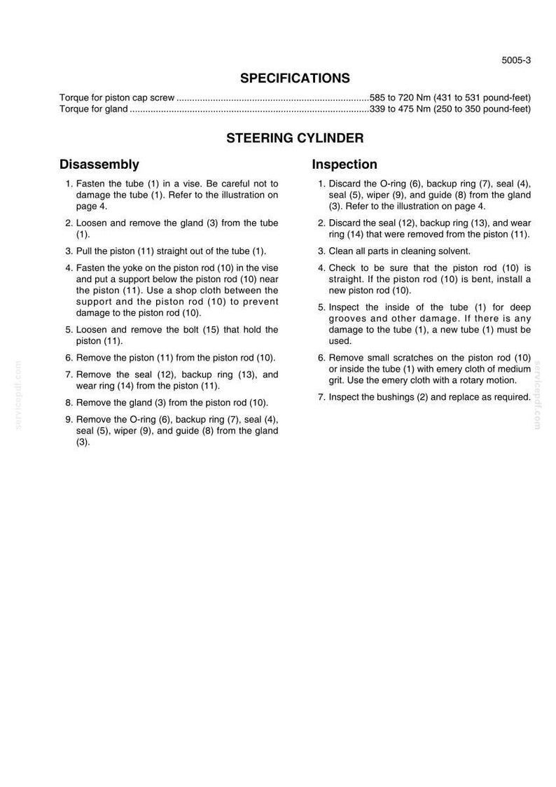 Puede incluir: Diagrama t&eacute;cnico con especificaciones para un cilindro de direcci&oacute;n, incluyendo valores de par en Newton metros y libras-pie. Instrucciones de desmontaje e inspecci&oacute;n con pasos numerados. El documento incluye advertencias y referencias de piezas.