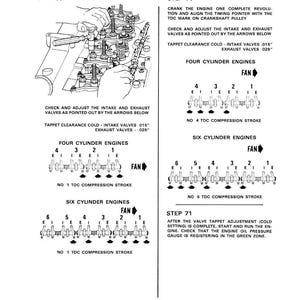 Puede incluir: Diagrama de ajuste de taqu&eacute;s de v&aacute;lvulas para ajuste en fr&iacute;o, con instrucciones e ilustraciones para motores de cuatro y seis cilindros. Incluye especificaciones de holgura de taqu&eacute;s y diagramas de motores para la carrera de compresi&oacute;n del PMS.