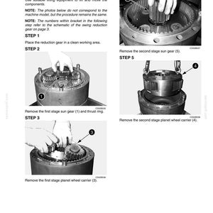 May include: A technical diagram illustrating the disassembly of a swing reduction gear. The image shows various steps, including removing gears and carriers, with detailed instructions and numbered components for clarity.