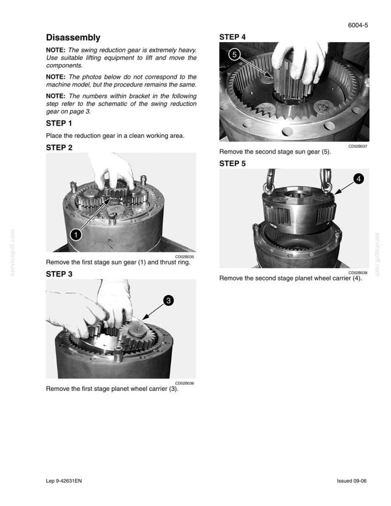 May include: A technical diagram illustrating the disassembly of a swing reduction gear. The image shows various steps, including removing gears and carriers, with detailed instructions and numbered components for clarity.