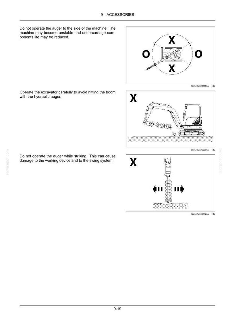 May include: Diagrams illustrating safety instructions for operating machinery. The images show an auger, an excavator, and directional arrows. The text warns against improper use to prevent damage and instability.