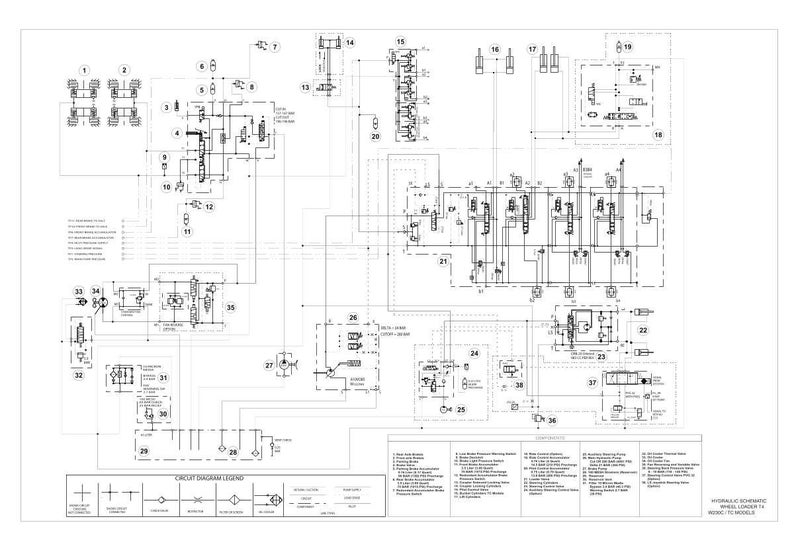 May include: A technical hydraulic schematic diagram for a wheel loader, featuring black lines on a white background. The document includes numbered components, a detailed circuit diagram legend, and text labeled Hydraulic Schematic Wheel Loader.