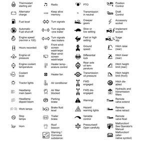 May include: A page titled "INTRODUCTION" displays international symbols used on machinery. The symbols, in black and white, represent various functions like fuel level, engine speed, and warning lights. Text explains their meanings.