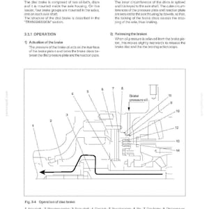 Pu&ograve; includere: Diagramma tecnico di un sistema frenante a disco, etichettato "3.3 DISC BRAKE", con illustrazioni dettagliate di componenti come l'albero, il portatore planetario e il mozzo del disco. Il testo spiega il funzionamento del freno.