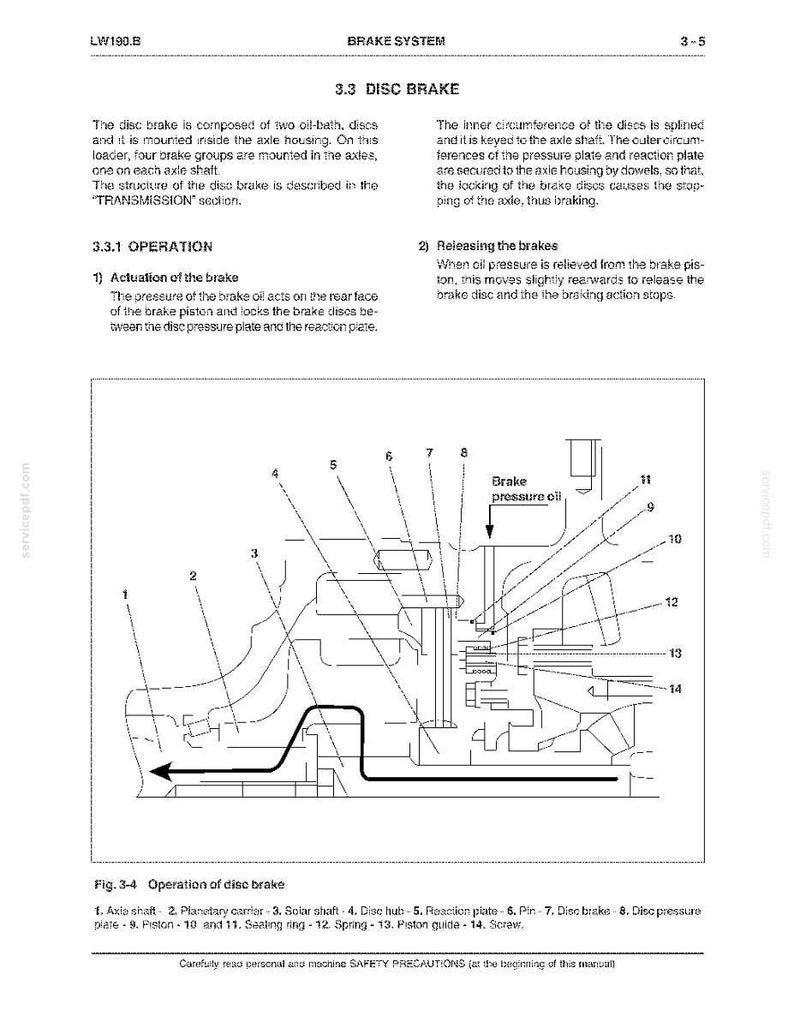 Pu&ograve; includere: Diagramma tecnico di un sistema frenante a disco, etichettato "3.3 DISC BRAKE", con illustrazioni dettagliate di componenti come l'albero, il portatore planetario e il mozzo del disco. Il testo spiega il funzionamento del freno.