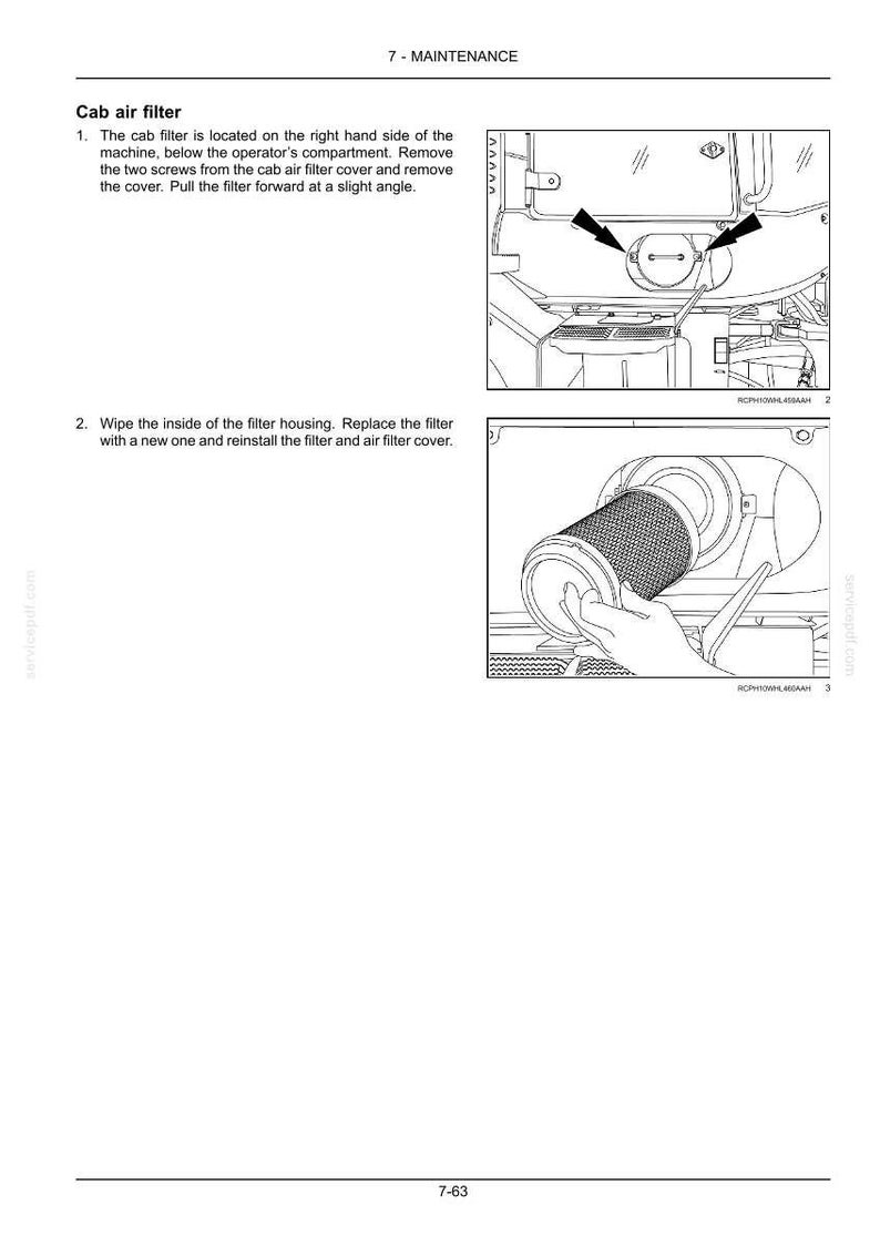 Puede incluir: Diagrama que ilustra el mantenimiento del filtro de aire de la cabina. El paso 1 muestra la ubicaci&oacute;n del filtro y la extracci&oacute;n de los tornillos. El paso 2 muestra la sustituci&oacute;n del filtro. El texto incluye "Filtro de aire de la cabina" y "7 - MANTENIMIENTO".