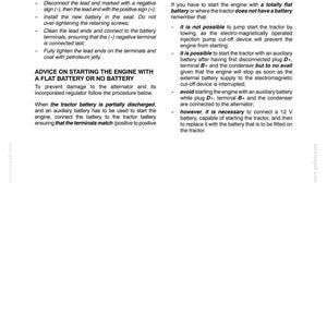 May include: A technical document page titled SECTION 4 - LUBRICATION AND MAINTENANCE, containing instructions for replacing a tractor battery and starting an engine with a flat battery, including specific steps for connecting terminals and using a 12 V battery.