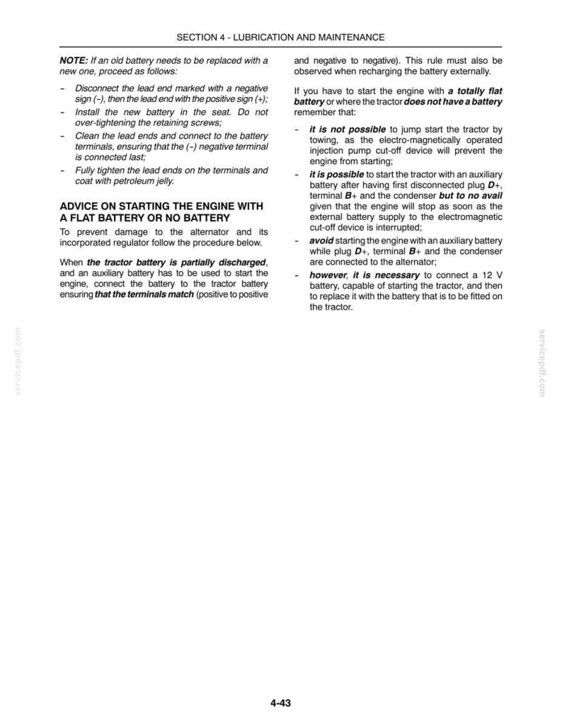May include: A technical document page titled SECTION 4 - LUBRICATION AND MAINTENANCE, containing instructions for replacing a tractor battery and starting an engine with a flat battery, including specific steps for connecting terminals and using a 12 V battery.