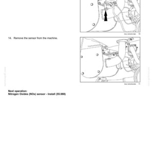 May include: Diagram of an electrical system, showing steps to remove a sensor from a machine. The image includes text instructions: "Remove the nut that secures the sensor to the exhaust pipe" and "Remove the sensor from the machine."