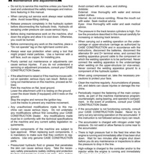 May include: A page from a manual with safety information and maintenance instructions. The text includes warnings about hydraulic systems, welding, and high-pressure components. It also provides first aid advice.