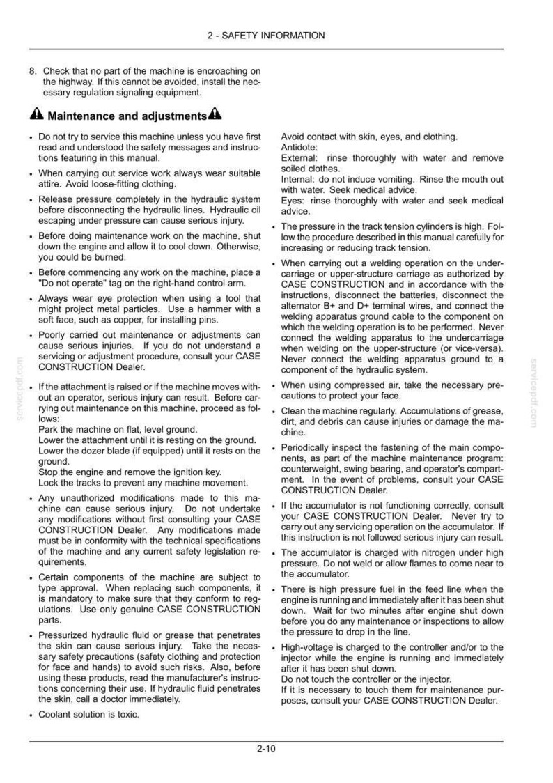 May include: A page from a manual with safety information and maintenance instructions. The text includes warnings about hydraulic systems, welding, and high-pressure components. It also provides first aid advice.