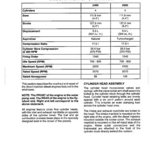 May include: A technical document page titled Section 6 - Engine, Description of Operation. It contains a table comparing specifications for 2450 and 2550 engine models, including bore, stroke, displacement, aspiration, compression ratio, and horsepower.
