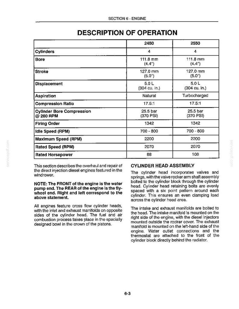 May include: A technical document page titled Section 6 - Engine, Description of Operation. It contains a table comparing specifications for 2450 and 2550 engine models, including bore, stroke, displacement, aspiration, compression ratio, and horsepower.