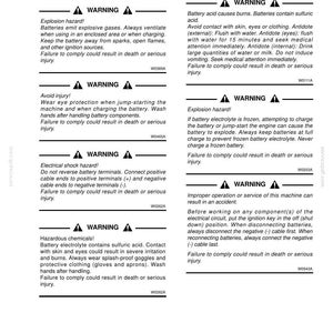 May include: A page from a manual detailing battery safety warnings. The text includes warnings about explosion hazards, acid burns, electrical shock, and hazardous chemicals. Safety precautions are listed.