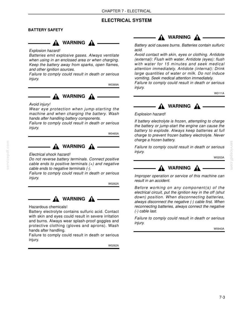May include: A page from a manual detailing battery safety warnings. The text includes warnings about explosion hazards, acid burns, electrical shock, and hazardous chemicals. Safety precautions are listed.