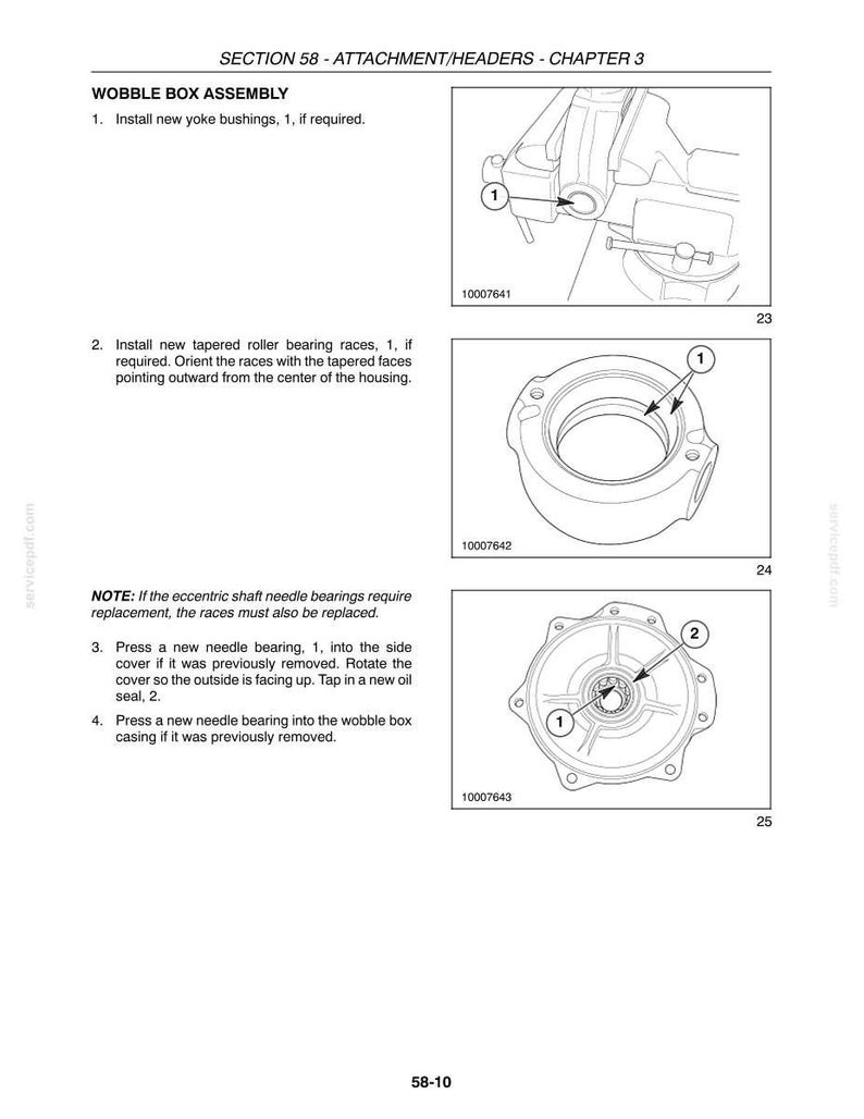 May include: A technical manual page titled SECTION 58 - ATTACHMENT/HEADERS - CHAPTER 3 WOBBLE BOX ASSEMBLY. It features three black and white line drawings showing mechanical parts with numbered labels 1 and 2, illustrating installation steps.