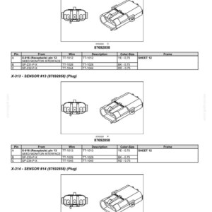 May include: Diagram of electrical connectors, including X-312, X-313, and X-314 sensor plugs. Each plug is shown with a corresponding pin layout, wire details, and color-size specifications. The image also includes the number 87692858.