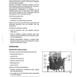 May include: A diagram of a centralized lubrication system with safety instructions and operational details. The image includes a pump with labeled components, such as the reservoir, pressure relief valve, and filling nipple. The text provides technical specifications.