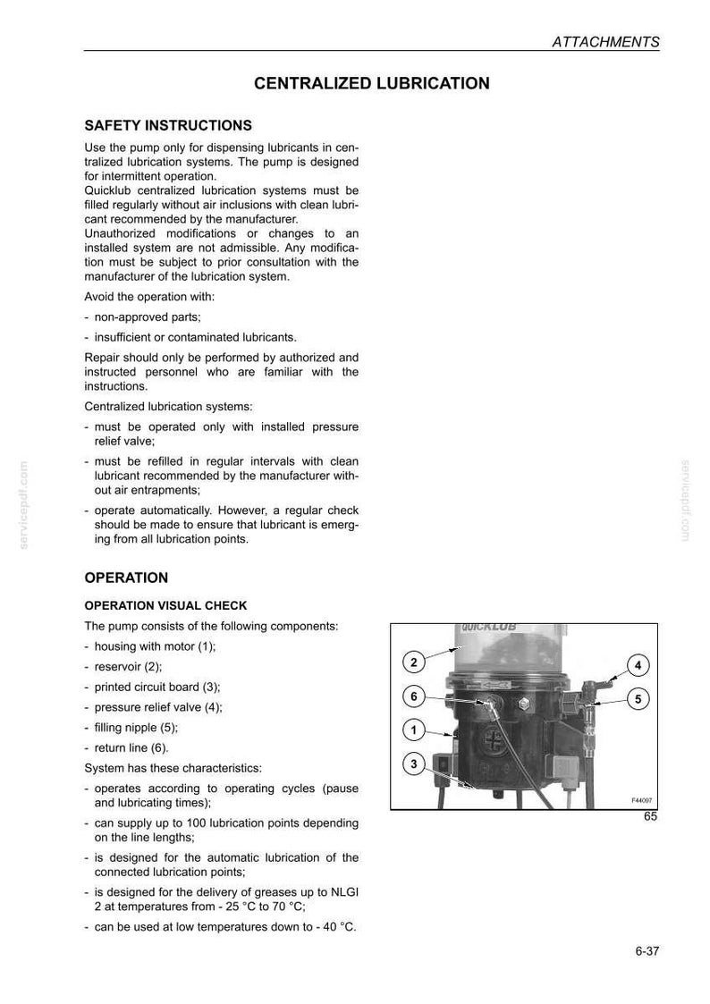 May include: A diagram of a centralized lubrication system with safety instructions and operational details. The image includes a pump with labeled components, such as the reservoir, pressure relief valve, and filling nipple. The text provides technical specifications.