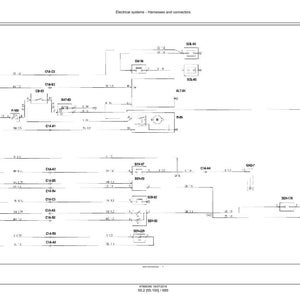 Pu&ograve; includere: Un diagramma schematico dettagliato in bianco e nero di un sistema elettrico, con cablaggi e connettori. Il diagramma include vari componenti etichettati con codici alfanumerici e linee che rappresentano i collegamenti elettrici. Il titolo &egrave; "Electrical systems - Harnesses and connectors".