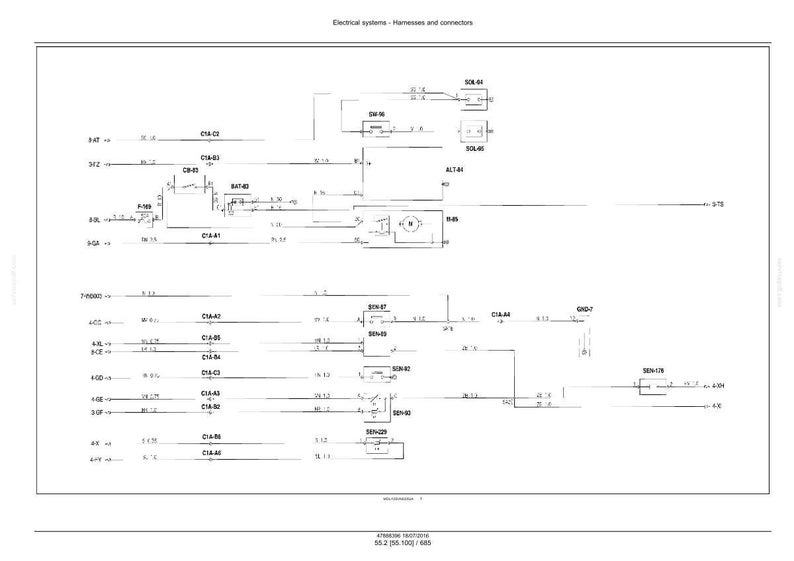 Pu&ograve; includere: Un diagramma schematico dettagliato in bianco e nero di un sistema elettrico, con cablaggi e connettori. Il diagramma include vari componenti etichettati con codici alfanumerici e linee che rappresentano i collegamenti elettrici. Il titolo &egrave; "Electrical systems - Harnesses and connectors".
