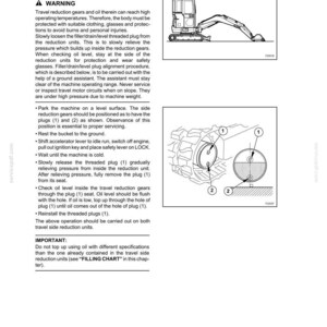 May include: Page from a maintenance manual detailing travel reduction gear oil checks. Includes a diagram of the gear system with numbered components and a small excavator illustration. Text provides safety warnings and instructions.