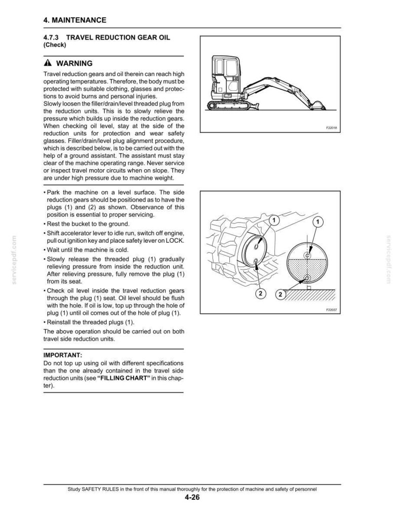 May include: Page from a maintenance manual detailing travel reduction gear oil checks. Includes a diagram of the gear system with numbered components and a small excavator illustration. Text provides safety warnings and instructions.
