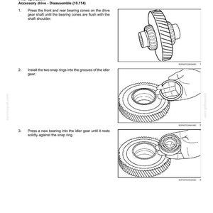 May include: Diagram illustrating the assembly of an accessory drive. The image shows detailed steps with accompanying illustrations of gears, bearings, and snap rings. Text includes instructions for pressing and installing components.