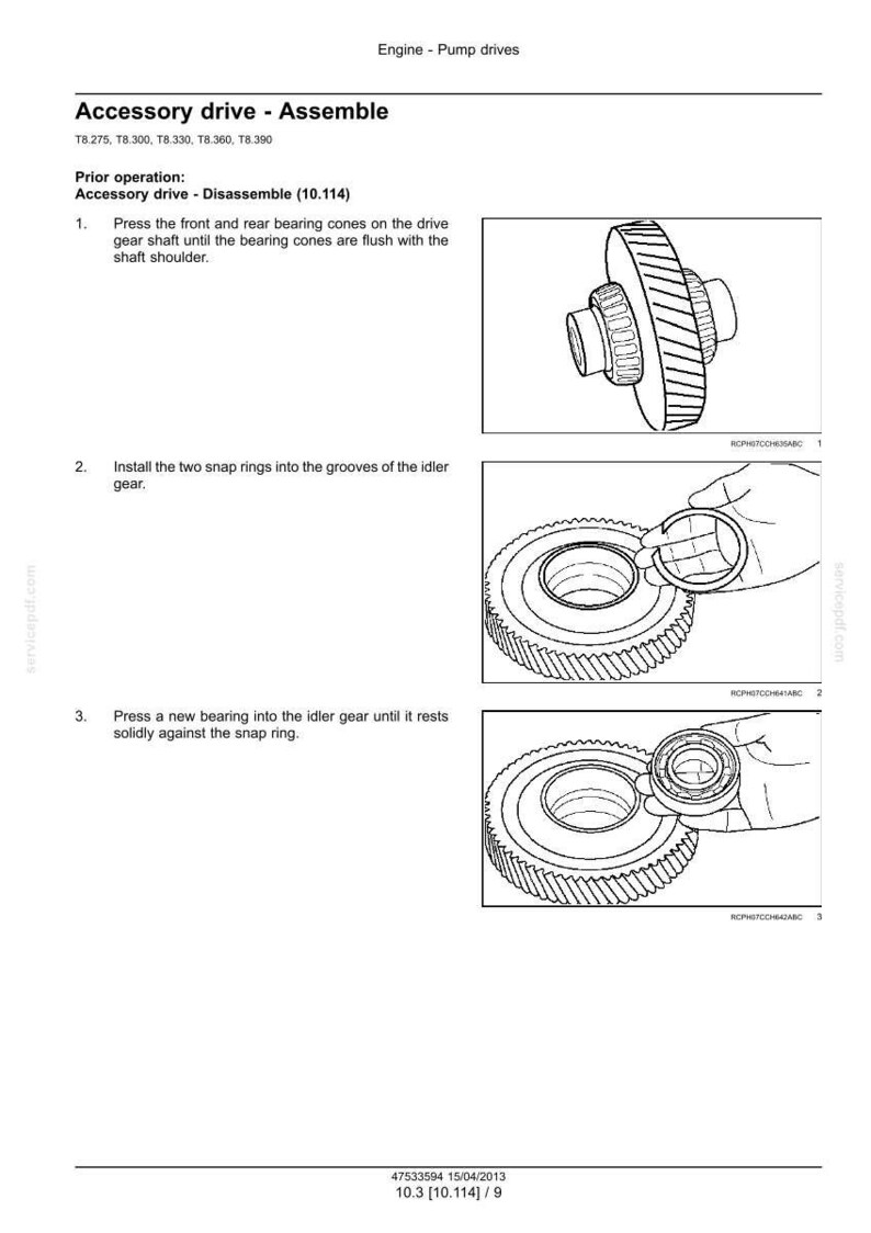 May include: Diagram illustrating the assembly of an accessory drive. The image shows detailed steps with accompanying illustrations of gears, bearings, and snap rings. Text includes instructions for pressing and installing components.
