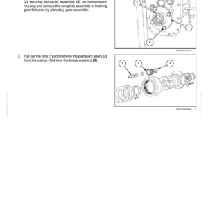 K&ouml;nnte beinhalten: Diagramm der inneren Komponenten eines Getriebes, einschlie&szlig;lich Schrauben, Stiften und Zahnr&auml;dern. Das Bild zeigt den Demontageprozess eines Bereichsgetriebes, mit Beschriftungen f&uuml;r bestimmte Teile wie die Sicherungsplatte und Planetenr&auml;der. Text liefert Anweisungen.