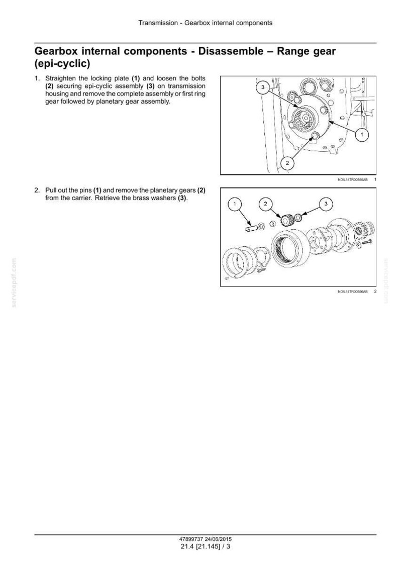 K&ouml;nnte beinhalten: Diagramm der inneren Komponenten eines Getriebes, einschlie&szlig;lich Schrauben, Stiften und Zahnr&auml;dern. Das Bild zeigt den Demontageprozess eines Bereichsgetriebes, mit Beschriftungen f&uuml;r bestimmte Teile wie die Sicherungsplatte und Planetenr&auml;der. Text liefert Anweisungen.